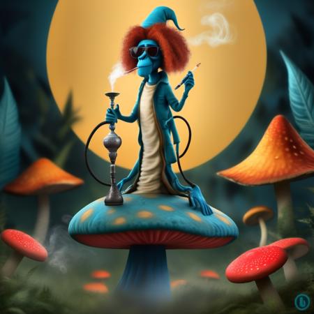 standing blue Cater01 with legs, wearing sunglasses, solo, red hair, medium dark skin, on a mushroom, smoking a hookah