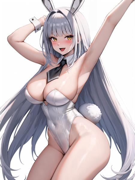 1girl, animal ears, playboy bunny, rabbit ears, solo, leotard, tail, long hair, detached collar, yellow eyes, highleg leotard, rabbit tail, armpits, wrist cuffs, looking at viewer, white leotard, highleg, smile, white background, bangs, arm up, open mouth, pole, fake animal ears, necktie, strapless, blush,huge breasts,mature female,shiny,shiny skin,blanc \(nikke\)