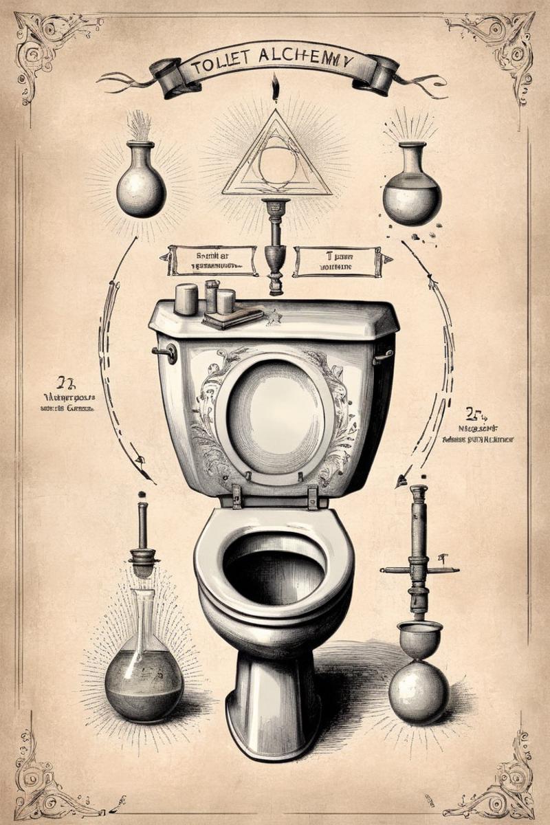 Ancient Toilet with Drawings and Diagrams - Vintage Poster