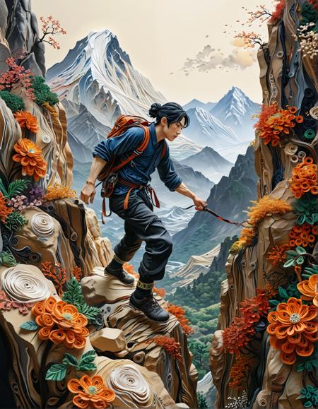 A climber, determined and resilient, ascends a perilous mountain in a breathtaking paper quilling art style, capturing the essence of Junji Itos masterpiece, with a focus on the climbers intense concentration and the rugged, mountainous terrain.