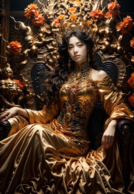 Best quality,ultra high,(photorealism:1.4),masterpiece,high resolution,original,extremely detailed wallpapers,Gilt,fire, burning, ember, 1girl, throne, sitting, magic, golden dress, wide sleeves, legs, indifference,<lora:liuJ-000018:0.8>,