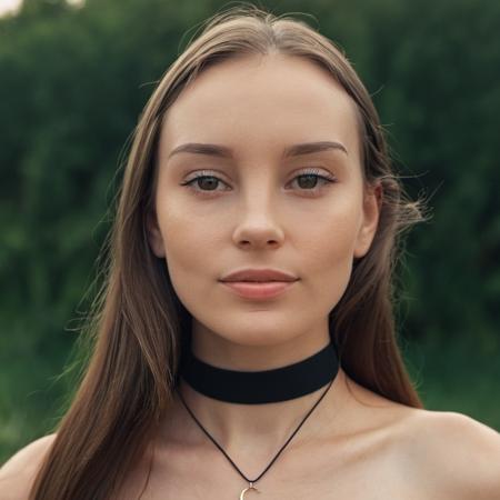 Skin texture, no makeup, Super high res closeup portrait photo of a stunning woman outdoors with straight hair, wearing a small string choker around her neck,f /2.8, Canon, 85mm,cinematic, high quality,looking at the viewer,  , <lora:asmrdarling_xl_2_standard_merger_21_51_055_045:1>