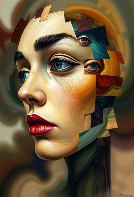 "Hyper-realistic depiction of a fragmented, cubist-inspired face, with multiple, overlapping profiles and features. Each fragment is a different color and texture, blending together to create a dreamlike, surreal effect. Eyes are scattered throughout the composition, some open, some closed, while mouths and noses are distorted and abstracted. The background is a swirling, gradient-like mixture of colors, evoking a sense of dynamic energy and movement. Style: extremely detailed, hyper-realistic, and abstract, with a focus on capturing the complexities and nuances of facial expression."