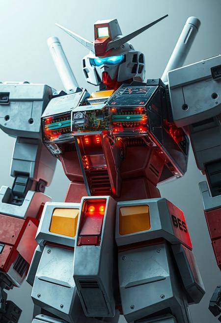 hyperrealistic, gundam, A gundam robot with a cut-away view showing cockpit, pistons and led's and circuit boards and motors