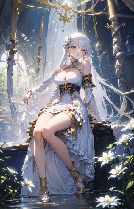 <lora:apstyle:0.9> apstyle(masterpiece, best quality), (fractal art:1.3), (1girl), rich, white hair, white hair ornament, white earrings, detailed white eyes, detailed white clothes, highly detailed, cinematic lighting, intricate details, (specular light:1.5), colorful, glowing, shiny, depth of field, white flower, garden, reflective pond, white bridge, full body