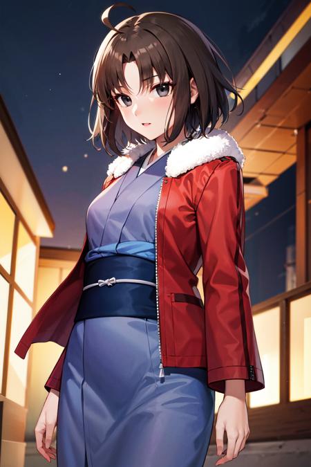 masterpiece, best quality, highres, hmshiki, short hair, ahoge, red jacket, black eyes, blue kimono, open clothes, fur trim, <lora:ryougi_shiki_v1:0.7>, cowboy shot, outdoors, night,