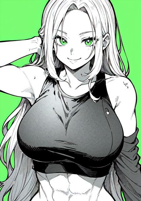 (masterpiece), best quality, lines, 1girl, green background, green eyes, white hair, large breasts, tank top, abs, looking at viewer, smile, spot color, monochorome, greyscale with colored background, greyscale, forehead, <lora:yotsumi_shiro:0.6>