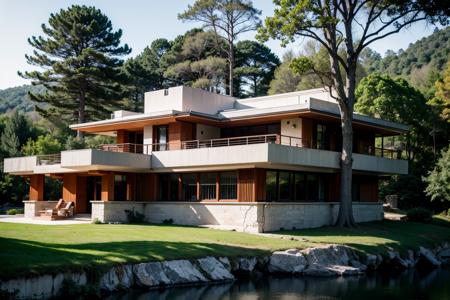 Raw photo of a frank lloyd wright style house perched on a limestone cliff, surrounded by trees and nature