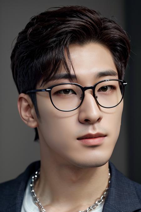 wonwoo, face, upper body, mesh, chain, glasses, muscular, (absurdres, highres, ultra detailed),((masterpiece)), ((best quality:1.1)), High Resolution, 8k,1boy, best quality, masterpiece, (photorealistic:1.4), 4k, high quality, masterpiece, best quality, highres, dynamic poses, realistic, mature male, looking at viewer  <lora:wonwoo-10:0.9>  <lora:tangbohu-detailer_1.0:0.3>