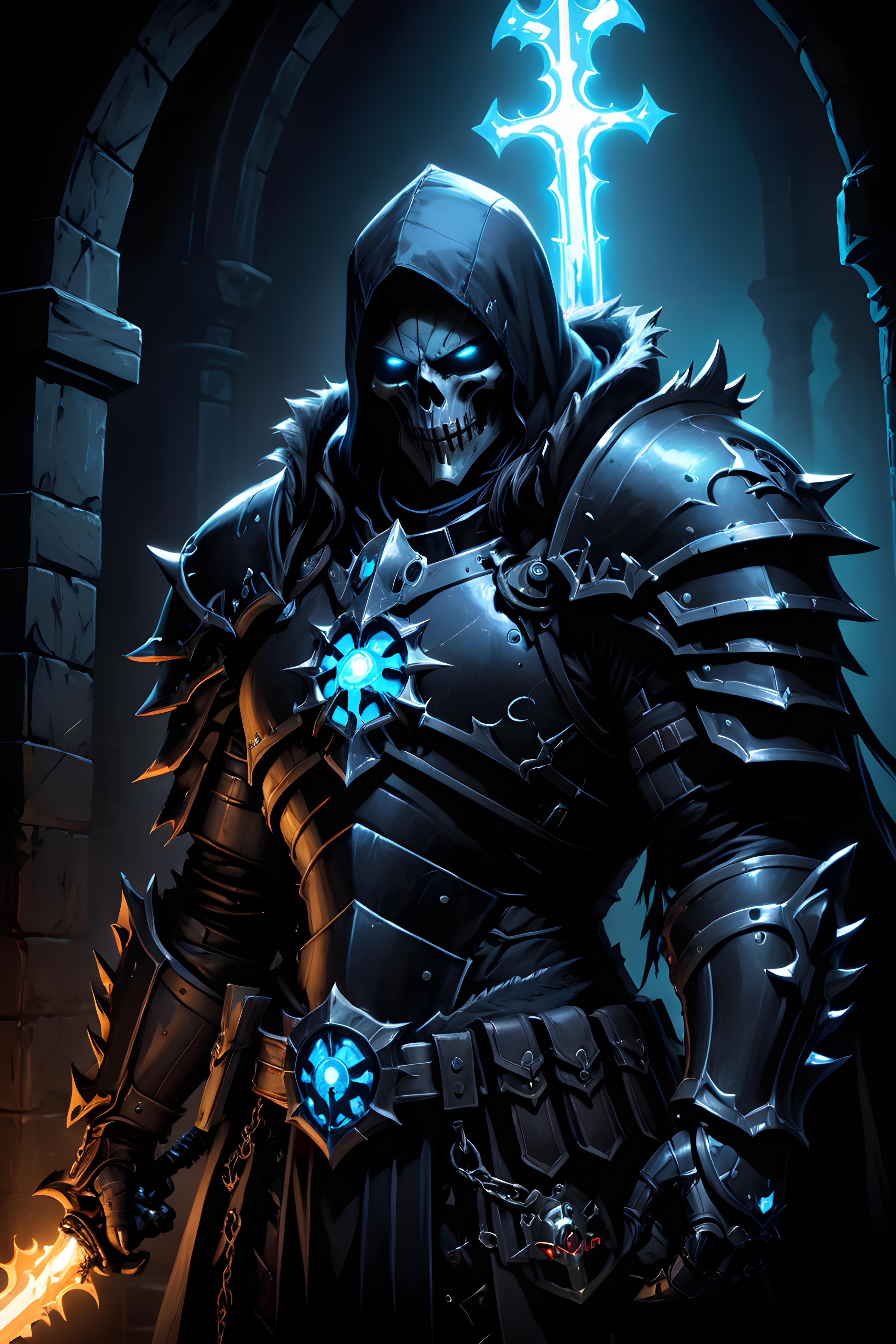 A skeleton warrior wearing blue eyes and holding a sword, standing in a dark environment.