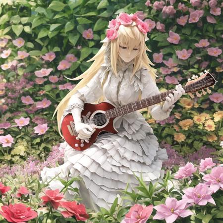 materpiece, best quality, ultra-detailed, made of paper, a beautiful origami girl playing guitar, long hair, blonde hair, beautiful face, full body, (in a garden:1.2), colourful flowers, , <lora:origamiV1:0.8>