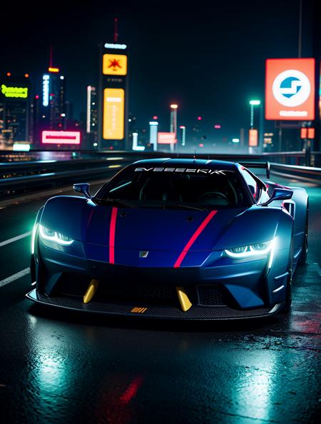cyberpunk 2077 supercar, blue, in cyberpunk 2077 city photoshoot, running at high speed, glowing lights, speed sensation, well framed at middle range, neon colored luxury rims, slammed, extreme detail, illegal race car, extreme photorealistic, 3D, 8k, Hyper detailed car, perfect soft lighting, great lighting, car photography, fisheye lens, raining, reflection, octane render, high quality, fog, smoke
