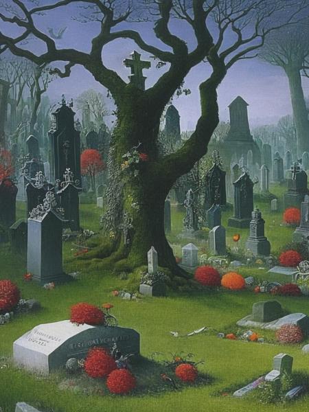 <lyco:RichardDadd:1.0> H.P. Lovecraft, arms resting on a 1600s New England gravestone surrounded by graveyard ghouls, in a vast overgrown New England graveyard, painted by Richard Dadd