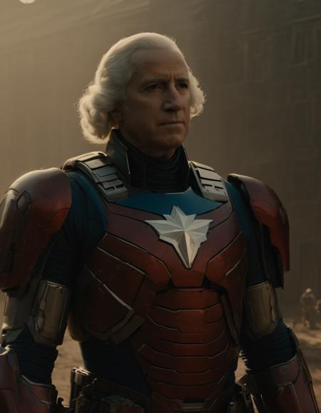cinematic film still In the vibrant image, George Washington commands attention as he stands tall in a futuristic, sleek mecha suit. The colors are vivid and captivating, with Washington's suit showcasing a patriotic blend of red, white, and blue. With intense determination in his eyes, he confidently leads the charge against the British troops amidst the reconstructed colonial buildings of Williamsburg. The high-quality resolution captures every detail, from the meticulous design of the mecha suit to the historically accurate architecture, creating a visually stunning and engaging portrayal. . shallow depth of field, vignette, highly detailed, high budget, bokeh, cinemascope, moody, epic, gorgeous, film grain, grainy