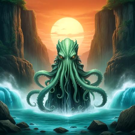 Nautical-themed abnormal mysterious cthulu cat monster, waterfall background . Sea, ocean, ships, maritime, beach, marine life, highly detailed