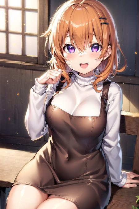 {{Masterpiece}},{{best quality}},{{illustration}},{beautiful detailed eyes},ultra detailed,realistic,1girl,cocoa,hoto cocoa,short hair,gochiusa,small breasts,orange hair,purple eyes,hairpin,looking at viewer,happy,open mouth,standing,white turtleneck sweater,sitting on chair,hands on table,cafe  <lora:hoto cocoa:0.4>