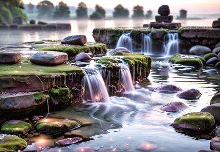 A misty enchanted waterfall scene at dawn, bathed in soft, natural morning light. In the foreground lies a sleeping green Lomium cugear, gently curled among moss-covered stones. Tiny glowing loumim spores in pale pink and lavender float silently above the water, trailing faint sparkles. The waterfalls in the background cascade from ancient vine-covered ruins, their mist covering much of the serene lake below. No humans, no fantasy beasts — only pure, magical nature. The colors are soft and cool, like early morning when the world is not yet awake. Hyper-photographic detail, painterly light, peaceful atmosphere, dreamlike composition.


Hide