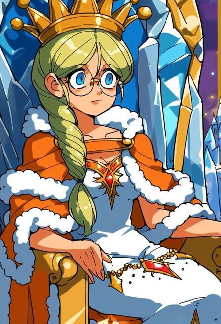 queen_frysabel fur trim, dress, glasses, jewelry, cape, crown