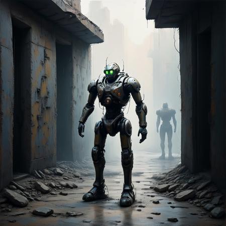 A lone cyberpunk robot walks through the ruins of a megalopolis (evi@decrepPunk, rmbrnksyCE style)