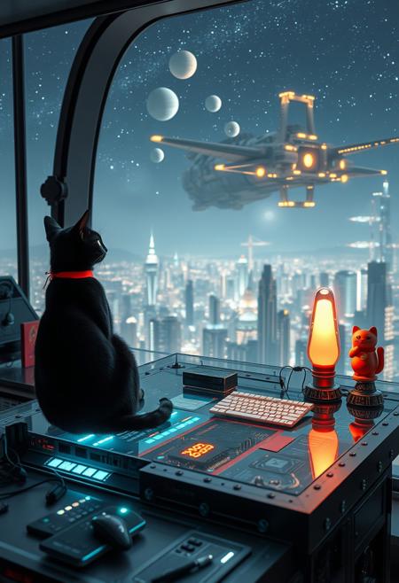 A sleek black cat with red collar sits on a cluttered metal riveted desk with transparent top and micro-LED lighted computer components visible inside, On the desk are a maneki neko statue and a lava lamp, the Black Cat is looking out of a seamless and futuristic floor to ceiling window that looks out at the lights of enormous buildings and cities far below, (((a beautiful woman, 24 years old, is sitting at the desk working on a holographic computer that displays planets and space ships floating in the air in front of her,  the cat is sitting on the desk and looking longingly out the window, the woman is dressed in an ornate elegant Art-Deco Chinese style dress. An enormous deco-cyberpunk starship with futuristic lighting and an enormous space station are visible in the background among the stars, The woman's hair is elegantly tied up with a ribbon. Artistic cyberpunk, dynamic perspective, (((overall architectural aesthetic is Art Deco Cyberpunk))).  Epic image that elicits a feeling of wonder and awe, part of the interior is visible,