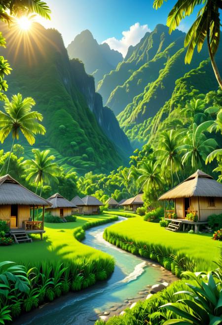 A lively field, featuring lush green grass, serves as the backdrop for a quaint nipa hut, nestled among towering mountains in the background. A tranquil river meanders through the scene, surrounded by tall trees, creating a serene atmosphere. The warm sunlight casts its glow across the landscape, enhancing the ultra-detailed, high-quality, and cinematic depth of the scene. The overall ambiance is peaceful and idyllic, immersing the viewer in a harmonious and picturesque environment.