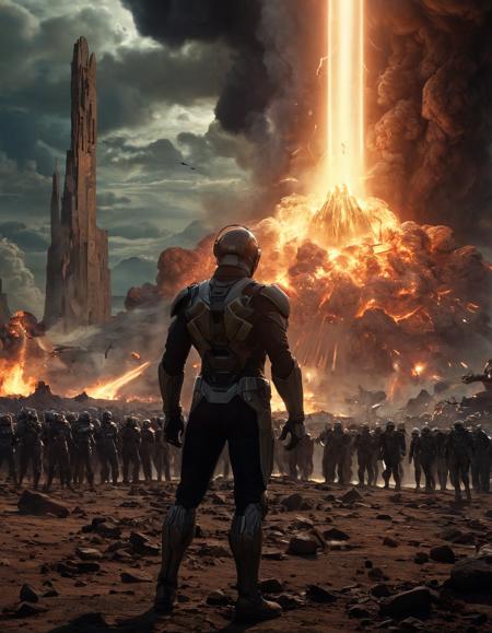 epic, cinematic,photo, a group of sci-fi characters, each with their own unique expressions, move in perfect harmony with its futuristic technology. The scene is set against the backdrop of an epic battle between towering swords and massive explosions. In the distance, a small figure homburg hated in armor stands on board, seemingly lost in thought. Sun in the sky, Wide view, baroque art by Annibale Carracci, Julian Schnabel, Otto Marseus van Schrieck