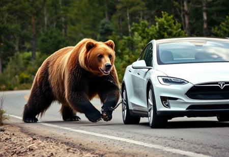 white Tesla auto being pulled by a large bear along a road in poor repair