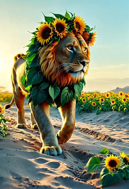 a majestic lion striding purposefully across the vast expanse of the African savanna. Golden sunlight bathes the landscape in a warm, inviting glow, while a soft, hazy sky stretches out infinitely above, painted in delicate tones of powder blue and lavender.
Now visualize the lion's silhouette becoming enveloped in a lush, verdant haze. As if transported magically from the jungle, a symphony of rich foliage fills the contours of the king of beasts' form. Graceful branches and leaves spill out from the edges of his muscular shoulders, draping down his flank like a mantle of emerald satin. Vines twist and coil around his powerful forelegs, while clusters of vibrant flowers bloom from the tufts of his ears and beard.
Despite this sudden eruption of plantlife, the lion moves with the same fluid ease and dignity as before. Each stride carries him calmly forward, hooves sinking softly into the sandy soil. His expression conveys a profound sense of peace and contentment, as if he were communing intimately with the very essence of the wilderness.
Made of Sunflowers, 
3d-rendering, concept-art, digital, dreaminess, futuristic, eeriness, fantasy, other-worldliness,  colorful, sci-fi, technological, alien worlds, space themes, advanced civilizations, 
best quality, masterpiece, aesthetic, intricate details, highly detailed, ultra-detailed, absurdres, unreal engine, octane rendering, vivid, vibrant,