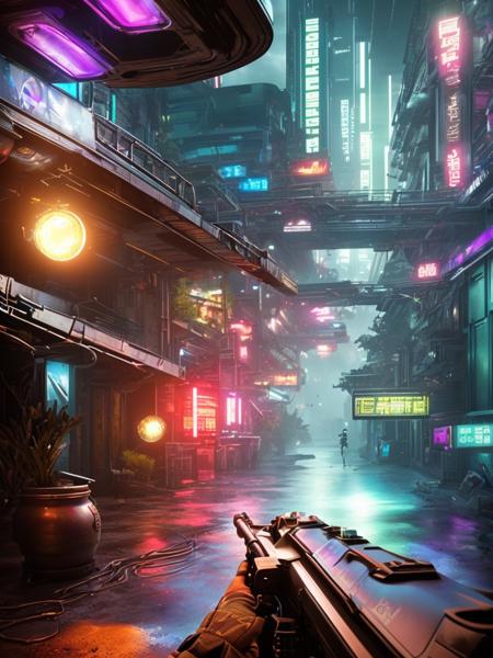 first person view in a warfare in Rooftop garden, hydroponic towers, neon-hued flora, cascading water features, urban oxygen oasis, solar-powered bioluminescence, ethereal tranquility amidst the neon chaos., gameplay screenshot, fps gameplay, future_warfare , <lora:Future_Warfare-10:0.75>