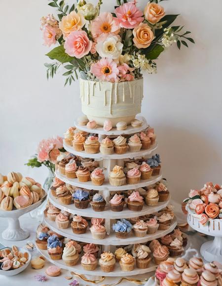 A modern dessert bar showcasing a variety of gourmet cupcakes with intricate frosting designs, macarons in pastel colors, and a tiered cake topped with edible flowers.