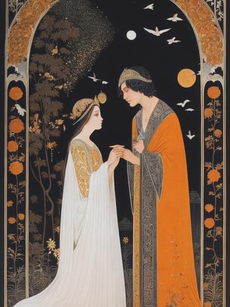 <lyco:KayNielsen:1.0> highly detail, Most Beautiful, extremely detailed book illustration for 'Romeo and Juliet ', in the style of kay nielsen, dark white and light orange, apollinary vasnetsov, intricate embellishments, indonesian art, captivating gaze, mikhail nesterov, 8k