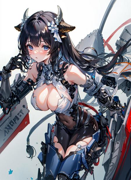 masterpiece,1girl,mecha musume, black_mechanical arms, headgear, <lora:A-MechaMusume[mecha musume, mechanical arms, headgear][bodysuit]:1>, bodysuit, cow horns,  <lora:kashino-000008:0.5>,black hair,