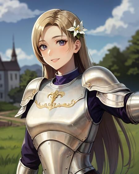 best quality, (masterpiece:1.2), illustration, absurdres,
(1girl, solo), (beautiful detailed girl), (upper body, portrait),,
<lora:JoanOfArc-06:0.8>, Joan of Arc, blonde hair, long hair, hair ornament, hair flower, medium breasts,
purple undershirt, purple pants, armor, shoulder armor, pauldrons, breastplate, armored boots, pelvic curtain,
smile, looking at viewer,
medieval, medieval farming village, farm, clouds, sky
((outstretched arms))