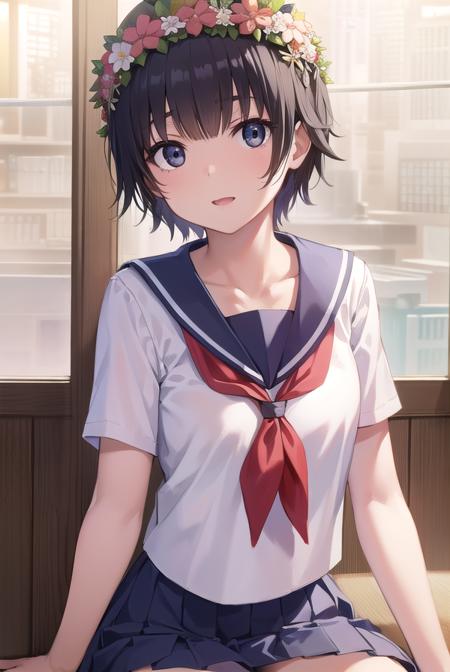 uiharukazari, <lora:uiharukazari-lora-nochekaiser:1>,
uiharu kazari, (black eyes:1.5), black hair, flower, hair flower, hair ornament, head wreath, short hair,
BREAK armband, sakugawa school uniform, school uniform, serafuku, skirt, summer uniform, neckerchief, red neckerchief, blue sailor collar, blue skort, short sleeves,
BREAK looking at viewer, upper body, fully body,
BREAK indoors, classroom,
BREAK <lyco:GoodHands-beta2:1>, (masterpiece:1.2), best quality, high resolution, unity 8k wallpaper, (illustration:0.8), (beautiful detailed eyes:1.6), extremely detailed face, perfect lighting, extremely detailed CG, (perfect hands, perfect anatomy),