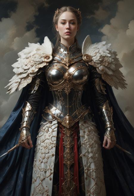 Symmetrical Front view of the warrior Queen of Clouds, dark, armour, standing pose, extremely long cape, top light, low saturation, highly detailed,  masterful painting in the style of Anders Zorn | Marco Mazzoni | Yuri Ivanovich, Jeff Simpson, oil on canvas