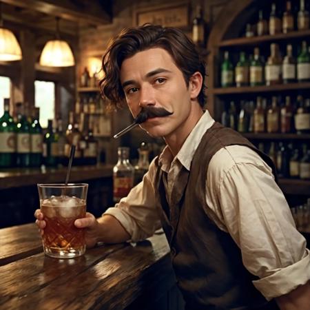  <lora:RPGBarkeep:0.7> barkeep, 1boy, short hair, table, mustache, alcohol, cup, bar (place), looking at viewer, blurry background, depth of field, realistic:1.3