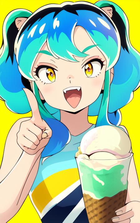 1 girl, yellow background, finger pointing, index finger raised, imitating, pointing up, solo, food, mouth open, water green hair, multi colored background, holding food, rainbow background, holding ice cream, ice cream, children, leopard print long dress, corner,