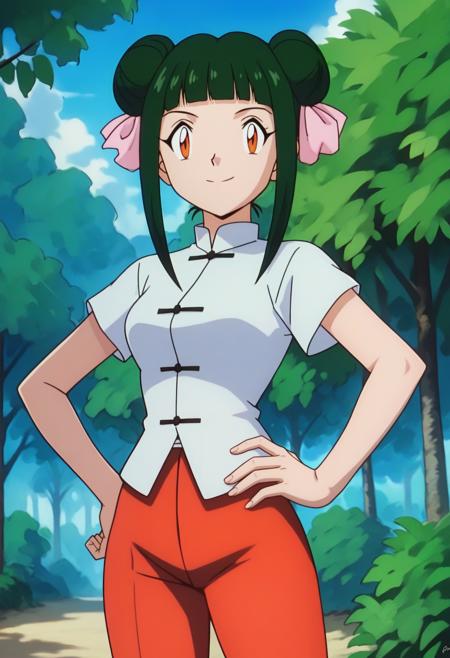 anime screencap, anime coloring, PMCassandra, orange eyes, green hair, blunt bangs, double bun, sidelocks, hair ribbon, pink ribbon, chinese clothes, white shirt, short sleeves, red pants, capri pants, black footwear, 