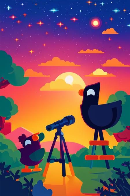 <lora:S1-Kurzgesagt_Dreamlike-000008:1>,
starry,bird,Kurzgesagt bird,tree,star,using telescope,sunset,
vector art, Kurzgesagt, sharp focus, (HDR), (8k), (gigapixel), ((masterpiece))