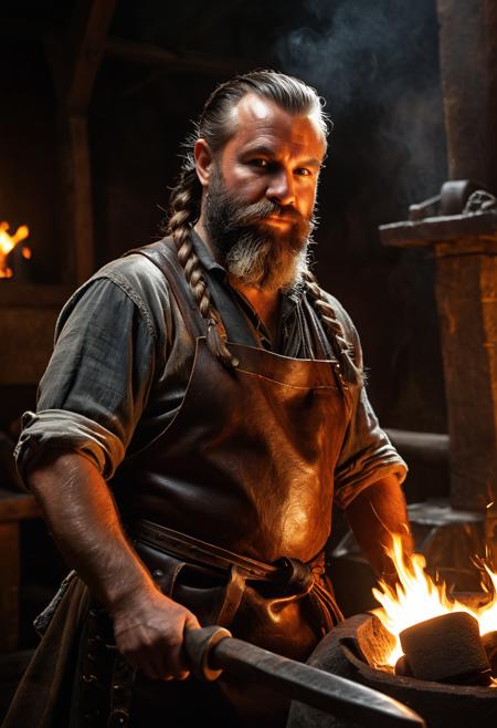 Professional headshot of battle-worn dwarf blacksmith with braided beard and leather apron, hammer in hand beside glowing forge. Dramatic chiaroscuro lighting from forge flames, sweat glistening on weathered skin. Shot with medium format camera, exceptional detail in beard texture and tool wear. Rembrandt lighting setup, warm color temperature, photojournalistic authenticity.