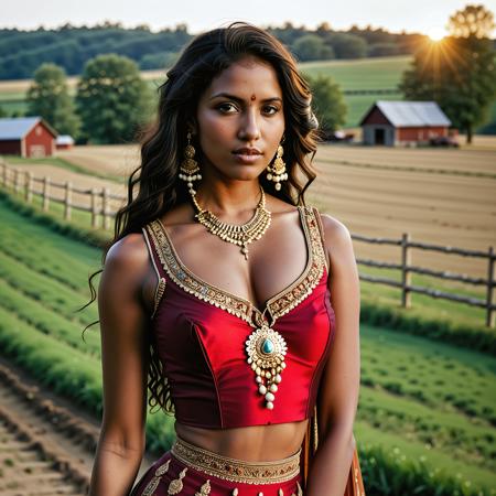 Indian woman, full body analogue photo of a beautiful 25 years old (dark skin) Indian woman, clear focus, high resolution image, dark haired woman,perfect face, <lora:Rhani_Indian.safetensors:0.8>, ,wearing The Boho Chic: A bohemian-inspired ensemble, flowing maxi skirt, and an abundance of layered necklaces and bangles, natural hair, perfect eyes, detailed eyes, detailed iris, realistic skin, absolute perfect tits, soft tits, natural tits, low light, soft natural light, Rembrandt style light, Hasselblad DLSR camera, 200mm Zeiss lens, f/2.8,high quality, film grain, Fujifilm XT3, 8k uhd, dslr, film grain, kodak tri-x 400 film, grain photo DOF, faint lighting, dynamic angle, cinematic, Depth of field, bokeh, best quality, cinematic, light particles, highly_detailed, very_aesthetic, golden hour, beautiful_and_aesthetic ,Sexy pose, erotic pose, exhibitionism ,A peaceful farm with barns and grazing animals