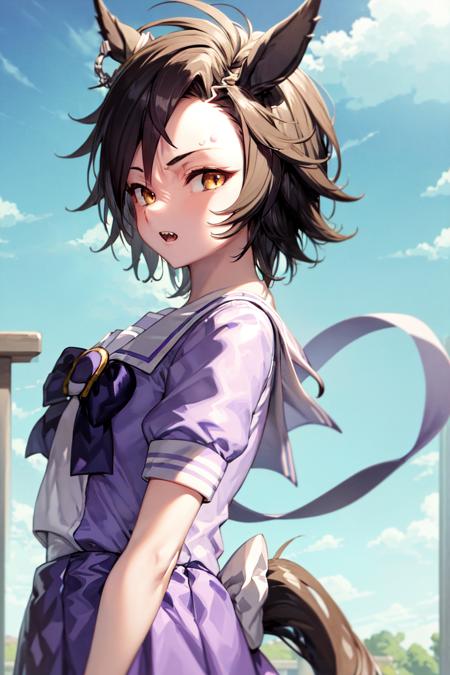 masterpiece, best quality,
air shakur \(umamusume\),
from side, looking at viewer, upper body,
teeth,
tracen school uniform, summer uniform, serafuku, puffy short sleeves, purple bowtie, horseshoe ornament, sailor collar, sailor shirt,
<lora:air_shakur_loha-000007:0.7>