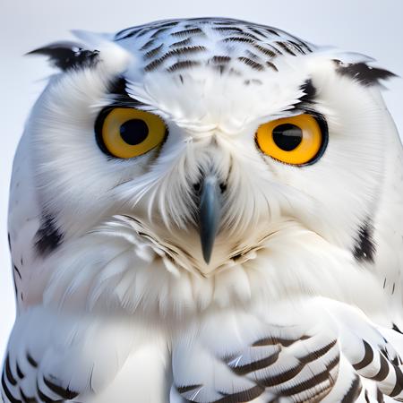 A vivid, detailed photograph of a snowy owl, staring deeply into the camera lens with fierce, chilly eyes, taken with a Sigma 85mm f/1.4