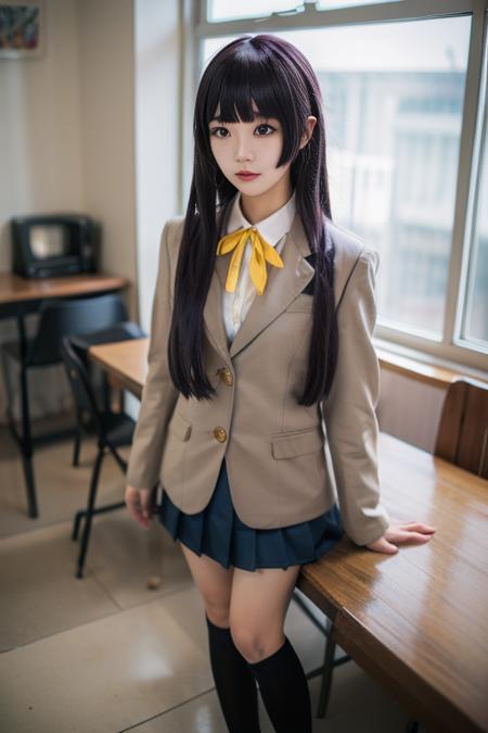 ultra-detailed,highly detailed,best quality,masterpiece,illustration,
gokou ruri, 1girl, solo,  cosplay, school uniform, 
 very long hair, blunt bangs, straight hair,  hime cut, coat, collared shirt,  yellow ribbon, 
socks, pleated skirt, long sleeves,blazer,
indoors,cowboy shot, 
 <lora:gokou ruri_v1_06:0.7>