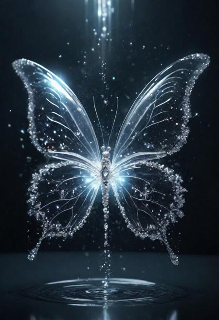 [Masterpiece. Realistic. Transparent Beings. Everything in this universe is made out of sparkling glass crystals. A Butterfly landing on water. Water explosions. Transparent or silver wings.], detailed, romantic, very inspirational, beautiful, elegant, lovely, cute, pretty, modern, epic composition, fabulous atmosphere, cinematic light, dynamic dramatic ambient