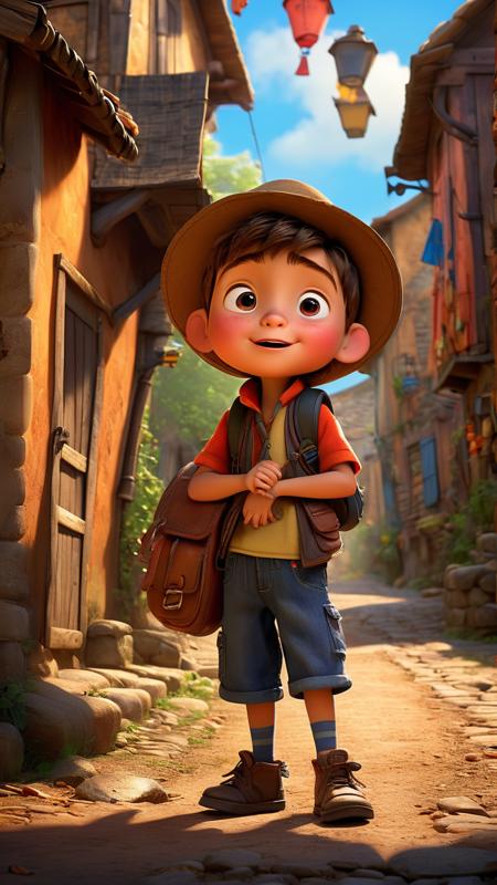 kid traveler in a village, in the style of Pixar,Expressive face,dynamic lively background,Dynamic Lighting,aesthetic,intricate,creative compositions that emphasize emotion and action,meticulously crafted props and accessories