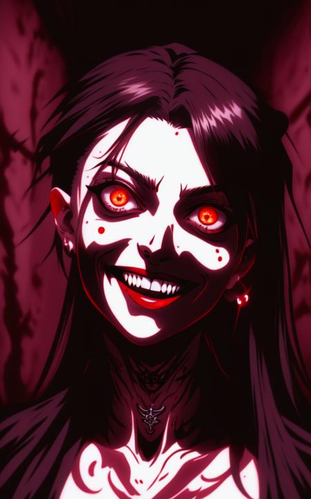 anime style vampire 1girl, intimidating,  (long fangs)++, (head tilted)++, staring at viewer, upper body, tattoos, yameroyandere, (wide crazy smile, crazy eyes)+, yandere, dark hallway, dynamic pose, shaded face withLora(yameroyandere,0.6)