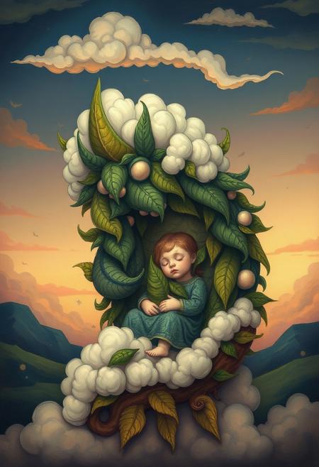 A gentle giant made of leaves and clouds cradling a sleeping child under a twilight sky
whimsical surrealism, ethereal fantasy, dreamlike atmosphere, delicate linework, flowing forms, vibrant yet soft color palette, imaginative characters, painterly textures, storybook charm, fantastical elements, emotional undertones, art nouveau influence