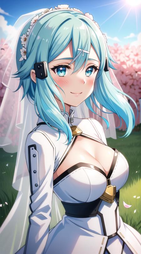 Sggo, 1girl, sinon, solo, (realistic:0.5), masterpiece, solo, (best quality, perfect detailed, beautifully detailed face, detailed eyes), glistening shiny, ray tracing, DOF, HDR, gradient eyes, sharp eyelashes, ((eyelashes)), mascara, detail_face, eyelashes, shiny hair, flirting, seductive smile, parted lips, medium breasts, cleavage, (soft particles floating:1.1), ((looking at viewer)), (playmate pose:1.1), (full body:1.1), ((8k wallpaper)), ((highres)), hair ornament, smile, hairclip, short hair, hair between eyes, standing, shiny hair, bangs, cowboy shot, blush, sidelocks, shiny, (aqua hair:1.3), blue hair, aqua eyes, (short hair:1.5), with long locks, (wedding dress:1.3), (wedding:1.3), (white dress:1.2), (wedding veil:1.3), (blush:1.5), (flowerfield background:1.5), (blue sky:1.3), (sun), petals