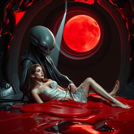 A slender, elegant Norwegian woman with porcelain skin, adorned in a sultry silver silk and lace nuisette, high heels, and vintage-inspired makeup, including bold red lipstick and nails, lies languidly in a bed of eerie, red glossy slime, her long hair cascading around her. She is ensnared by a towering, gray human-like alien, draped in a long, glossy black cloak, its eyes gleaming red  with an otherworldly intensity. The scene is bathed in an unearthly glow emanating from a light beam that pierces the ceiling of the alien breeding chamber, casting an eerie radiance on the wet-look black slime walls and floor. A colossal observation porthole looms in the background, offering a glimpse into the star-studded vastness of outer space, with a bright red moon hanging like a lantern in the darkness. The atmosphere is heavy with foreboding, evoking the haunting, retro-futuristic nightmares of 1950s sci-fi horror, in the style of Syd Mead, H.R. Giger, and Zdzisław Beksiński.